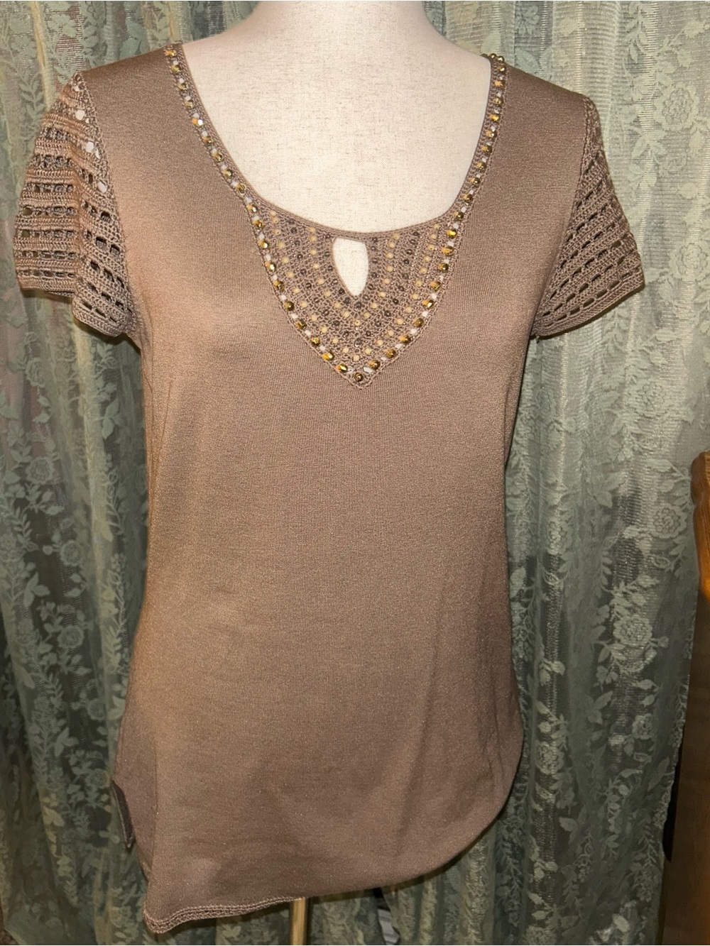 54% Silk Style & Co. Brown Top with Crochet Knit & Beaded Scoop Neck